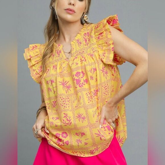 *Umgee Casual Ruffle Sleeve Blouse Yellow Pink Floral Women's Top Small - Picture 1 of 6